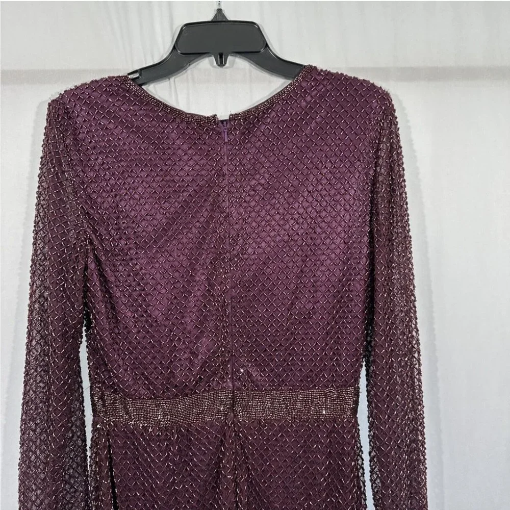 NEW $398 Mac Duggal [ 10‎ ] Bugle Beaded Long Sleeve Midi Dress Abergine #Q487 - Picture 12 of 15
